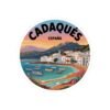 Cadaqués España Round Vinyl Sticker - Retro Coastal Design with Fishing Boats, Mediterranean Village Art, Travel Souvenir