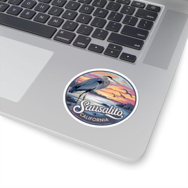 Sausalito California Sticker - Coastal Sunset with Heron Design, Retro Vinyl Decal, Unique Bay Area Souvenir, Travel Gift Waterproof