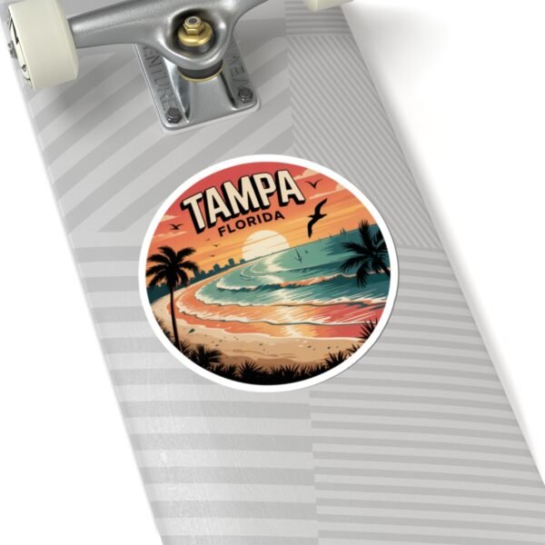 Tampa Florida Sticker - Retro Sunset Beach Waves Design with Palm Trees and Seagulls - Vintage Coastal Travel Souvenir Decal
