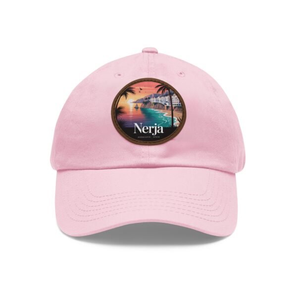 Nerja Spain Hat - Leather Patch Cap with Coastal Sunset Design | Andalucía Beachwear Gift for Travelers & Dreamers