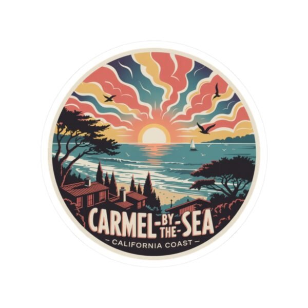 Carmel-by-the-Sea Sticker - California Coast Sunset Art, Retro Coastal Design with Sailboat and Seagulls, Vintage Round Travel Souvenir