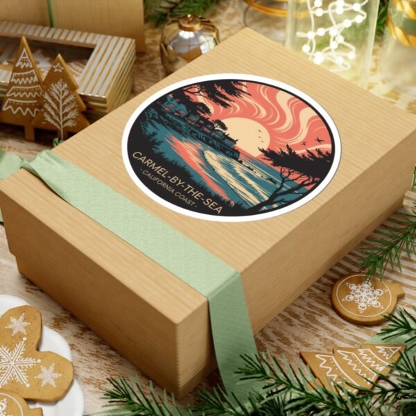 Carmel-by-the-Sea California Sticker - Retro Sunset Ocean View with Cypress Trees & Coastal Cottages - Vintage Travel Art