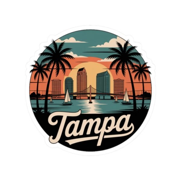 Tampa Florida Sticker - Retro Circular Skyline with Dome, Bridge & Palm Trees - Vintage Coastal Travel Souvenir Decal for Water Bottles