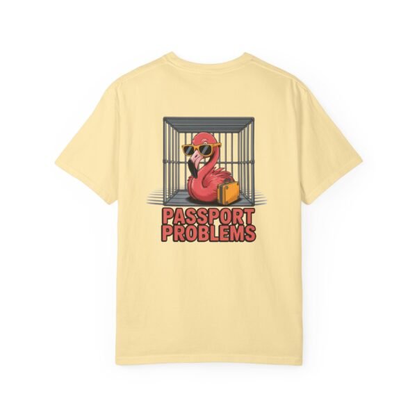 Funny Flamingo T-Shirt - Passport Problems Graphic Tee, Travel Humor Front & Back Print Shirt, Quirky Bird Streetwear Gift