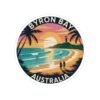 Byron Bay Australia Sticker - Retro Coastal Sunset Design with Lighthouse, Surfers, Palm Trees & Beach Silhouettes - Travel Souvenir Art