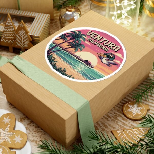 5584987468555071403_1200.jpeg Ventura California Sticker - Retro Pixel Art Sunset with Pier and Pelican, Beach Vibes Coastal Aesthetic Travel Design