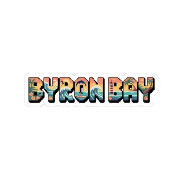 Byron Bay Australia Sticker - Pixel Art Retro Surf Design with Sunset, Lighthouse, Palm Trees & Ocean Waves - Vintage 8-Bit Travel Art