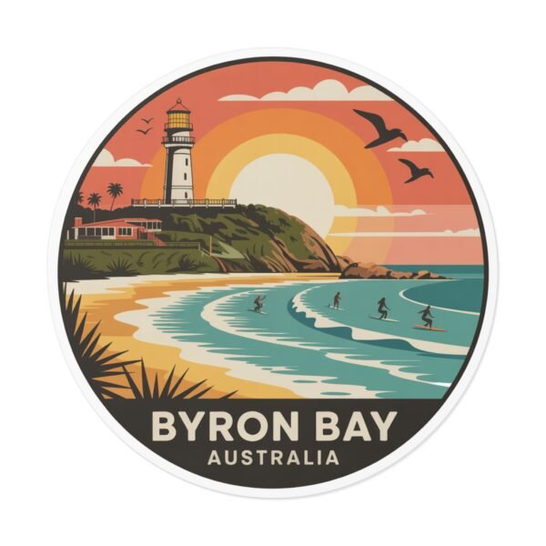 Byron Bay Australia Round Vinyl Sticker - Retro Beach Sunset Design, Coastal Souvenir, Waterproof Surf & Travel Decal
