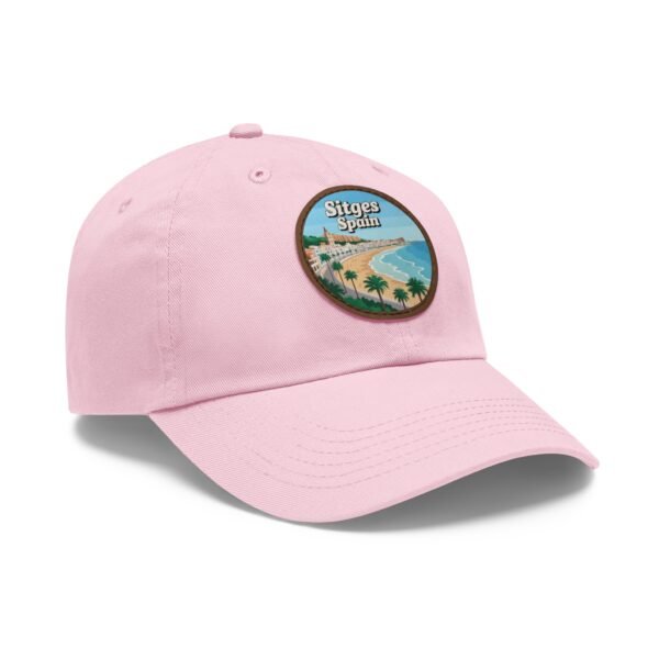 Sitges Spain Hat - Vintage Leather Patch Dad Cap with Coastal Beachfront Design, Adjustable Strapback, Travel Souvenir Gift