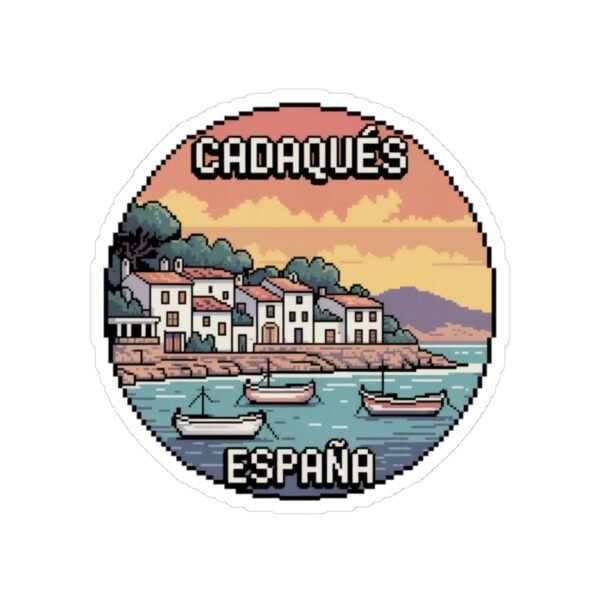 Cadaqués Spain Pixel Art Sticker - Retro Round Vinyl Sticker, Travel Souvenir, Costa Brava Spain Gift, Aesthetic Gaming Style