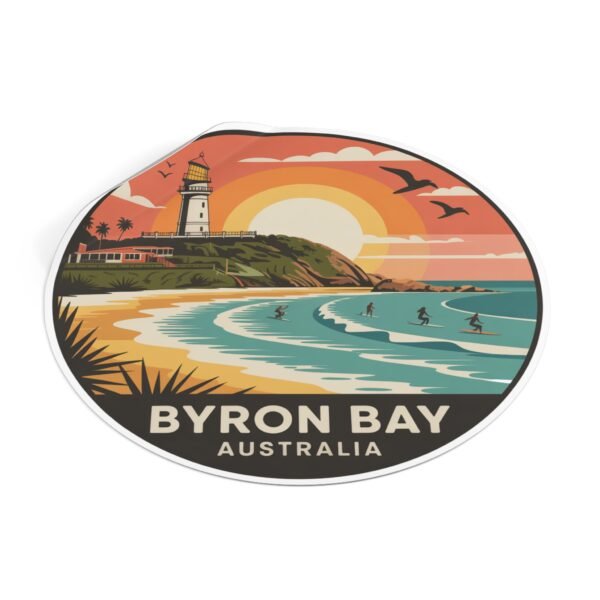 Byron Bay Australia Round Vinyl Sticker - Retro Beach Sunset Design, Coastal Souvenir, Waterproof Surf & Travel Decal