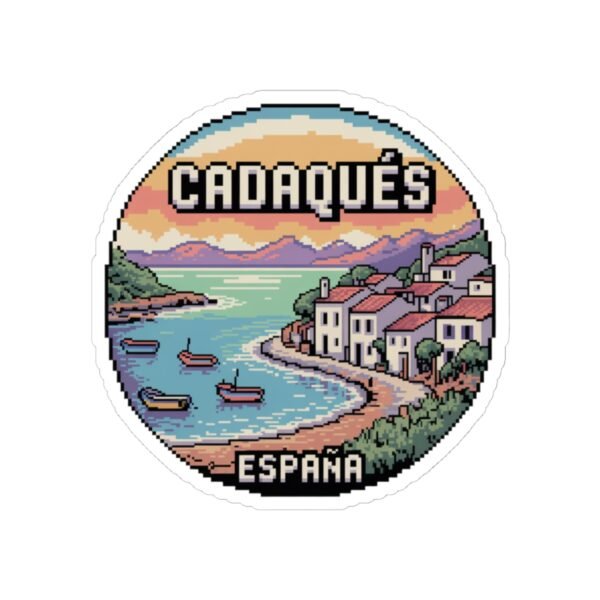 Cadaqués Spain Pixel Art Round Sticker - Retro Coastal Design, Mediterranean Village & Boats, Cute Travel Souvenir for Laptops and Journals