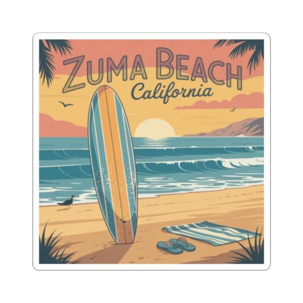 Zuma Beach California Vinyl Sticker - Surfboard Sunset Design, Retro Beach Vibes, California Travel Decal, Malibu Souvenir