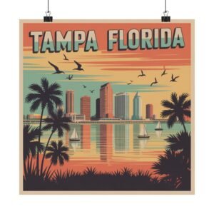 Tampa Florida Poster - Retro City Skyline Wall Art - Vintage Coastal Sunset Print, Ocean & Sailboat Home Decor, Florida Travel Souvenir