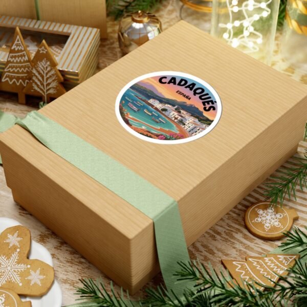 Cadaqués España Round Vinyl Sticker - Retro Coastal Design with Fishing Boats, Mediterranean Village Art, Travel Souvenir