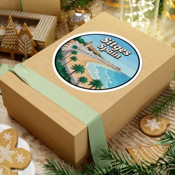 Sitges Spain Sticker - Retro Travel Coastal Beach Design with Palm Trees, Mediterranean Souvenir Decal