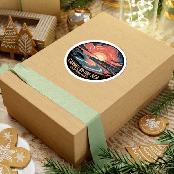 5983402665045202847_1200.jpeg Carmel-by-the-Sea California Sticker - Retro Sunset Coastal Art, Vintage Round Ocean View with Cottages & Cypress Trees, Travel Souvenir