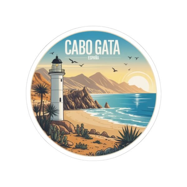 Cabo de Gata Spain Sticker - Retro Lighthouse Coastal Decal, Vintage Mediterranean Sunset Art, Spanish Travel Souvenir Gift