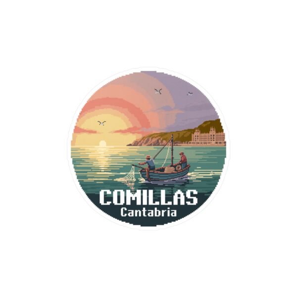 Comillas Spain Sticker: Fishermen Boat Sunset Pixel Art