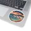 Cadaqués España Round Vinyl Sticker - Retro Coastal Design with Fishing Boats, Mediterranean Village Art, Travel Souvenir