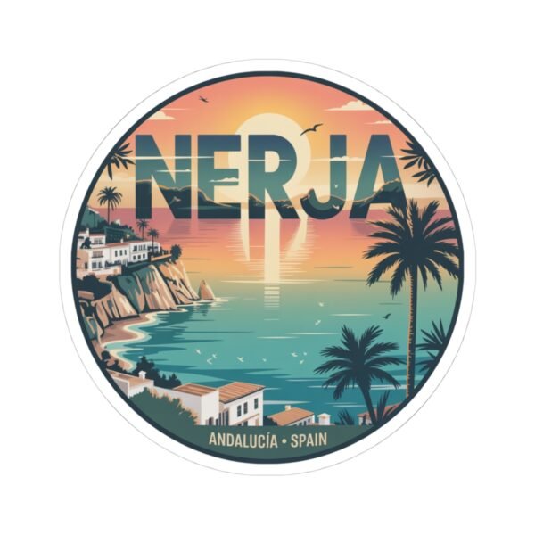 Nerja Spain Sticker - Retro Coastal Sunset Design | Andalucía Travel Vinyl Decal | Mediterranean Beach Art for Laptop & Bottle