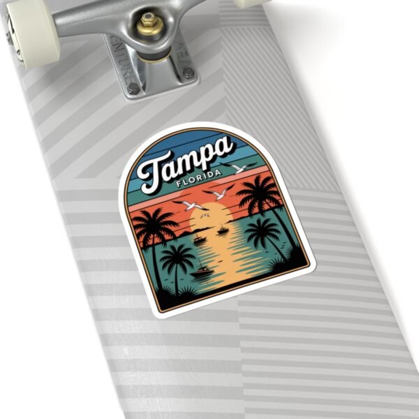 Tampa Florida Sticker - Retro Palm Trees and Boats Sunset Design with Seagulls - Vintage Coastal Travel Souvenir Vinyl Decal