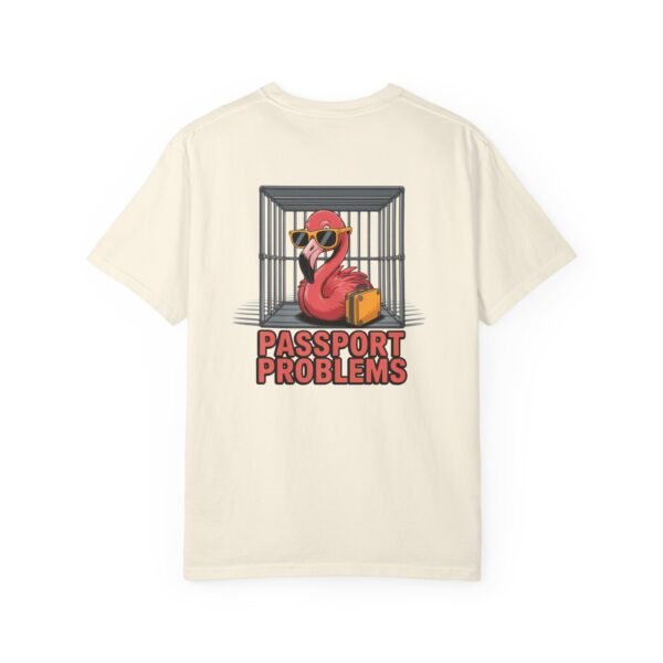 Funny Flamingo T-Shirt - Passport Problems Graphic Tee, Travel Humor Front & Back Print Shirt, Quirky Bird Streetwear Gift
