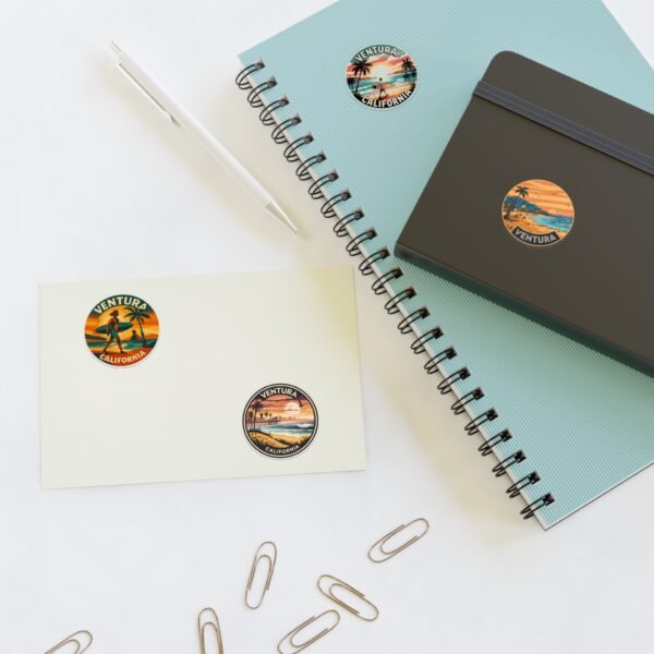 Ventura California Sticker Pack - Set of 4 Retro Coastal Travel Decals, Vintage Surf & Sunset Souvenir Stickers
