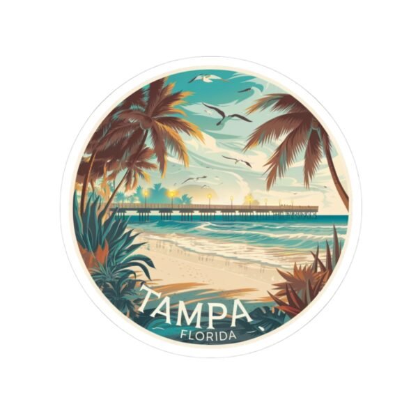 Tampa Florida Sticker - Vintage Coastal Pier Sunset Design with Palm Trees, Seagulls and Ocean Waves - Retro Travel Beach Souvenir
