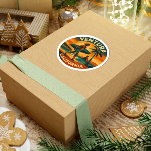 6291557917429795823_1200.jpeg Ventura California Surf Sunset Sticker - Retro Round Beach Decal, Artistic Coastal Vibes, Waterproof Vinyl for Laptops and Bottles