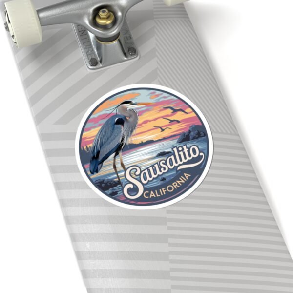 Sausalito California Sticker - Coastal Sunset with Heron Design, Retro Vinyl Decal, Unique Bay Area Souvenir, Travel Gift Waterproof