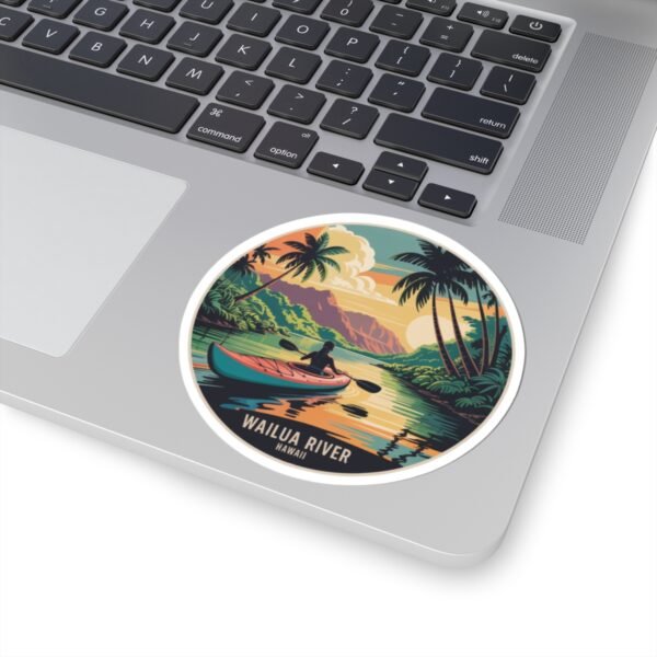 Wailua River Hawaii Sticker - Retro Kayak Adventure Art with Tropical Sunset & Palms - Vintage Style Hawaiian Travel Souvenir