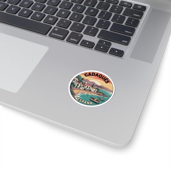 Cadaqués España Sticker - Retro Coastal Travel Art with Boats, Sunset and Mediterranean Village - Vintage Style Spanish Souvenir