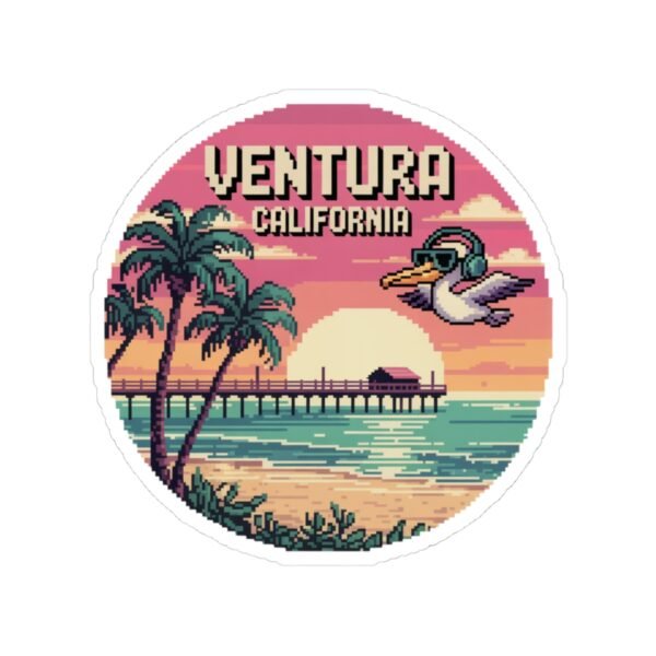 643350297019951314_1200.jpeg Ventura California Sticker - Retro Pixel Art Sunset with Pier and Pelican, Beach Vibes Coastal Aesthetic Travel Design