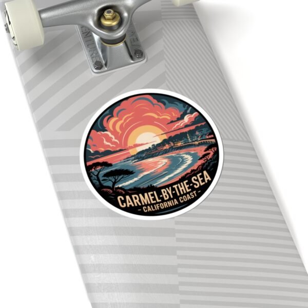 6464982359542214566_1200.jpeg Carmel-by-the-Sea California Sticker - Retro Sunset Coastal Art, Vintage Round Ocean View with Cottages & Cypress Trees, Travel Souvenir