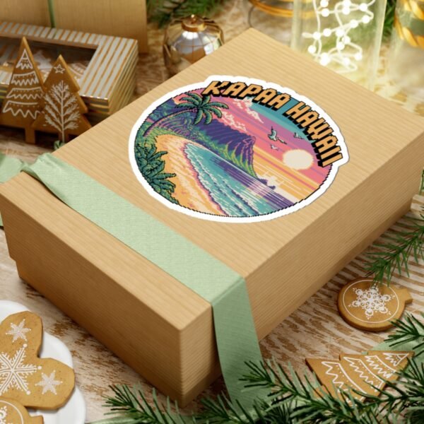 Kapaa Hawaii Pixel Art Sticker - Retro 8-Bit Beach Sunset with Nounou Mountain & Palm Trees - Vintage Gamer Travel Souvenir