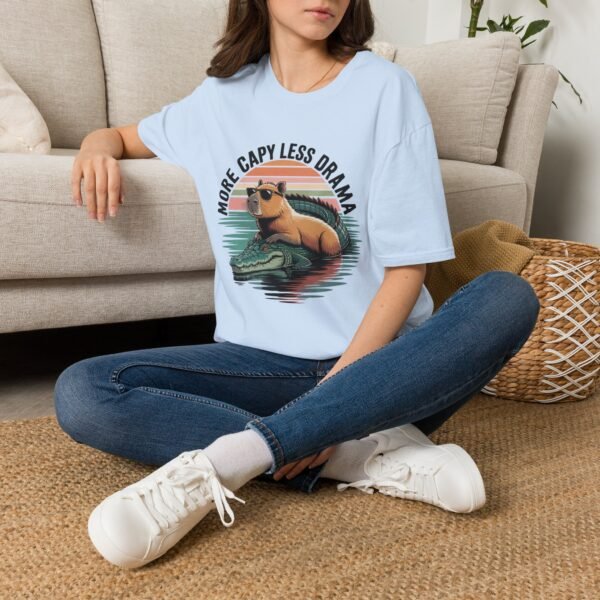 Capybara T-Shirt - More Capy Less Drama Funny Animal Tee - Chill Capybara Riding Crocodile Retro Sunset Graphic Shirt