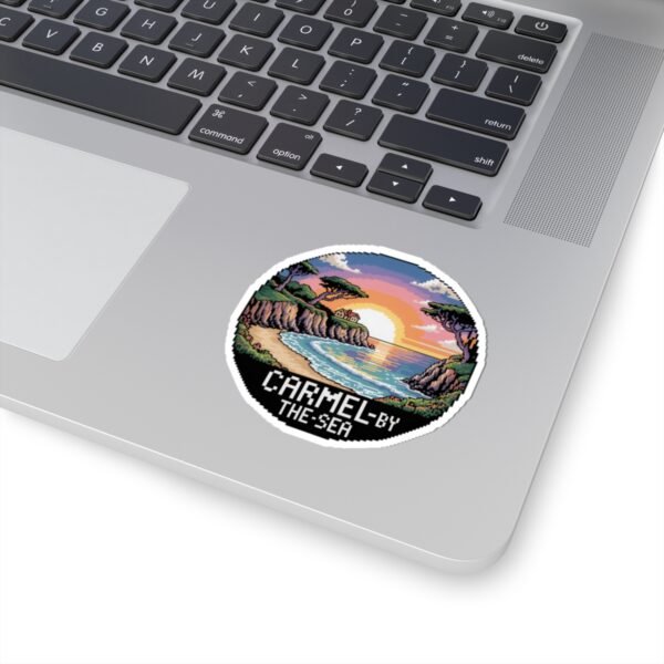 6640433599936426011_1200.jpeg Carmel-by-the-Sea Sticker - Pixel Art Sunset Beach Cliffside Scene with Ocean Waves - Retro California Travel Souvenir Vinyl Decal