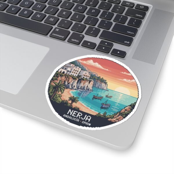 Nerja Spain Sticker - Pixel Art Coastal Design | Retro 8-Bit Sunset Scene of Andalucía | Travel Vinyl Decal for Laptop & Water Bottle