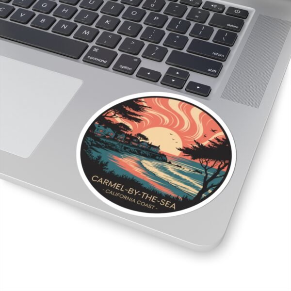 Carmel-by-the-Sea California Sticker - Retro Sunset Ocean View with Cypress Trees & Coastal Cottages - Vintage Travel Art