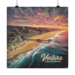 Ventura California Poster - Vintage Coastal Travel Wall Art with Dramatic Sunset, Ocean Pier and Retro Beach Scene - California Decor