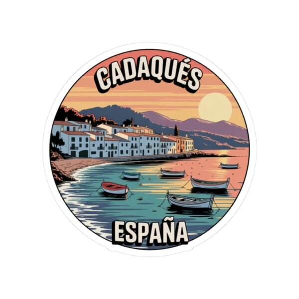 Cadaqués España Sticker - Retro Coastal Round Vinyl Decal | Mediterranean Village, Sunset Beach & Boats Souvenir Travel Gift