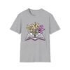 Book and Flowers T-Shirt - Yellow and Purple Lilies Design, Literary Botanical Art Tee, Unisex Gift for Readers and Nature Lovers