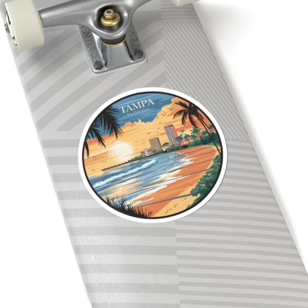 Tampa Florida Sticker - Retro City Beach Sunset Design with Palm Trees and Pier - Vintage Coastal Skyline Travel Souvenir Decal