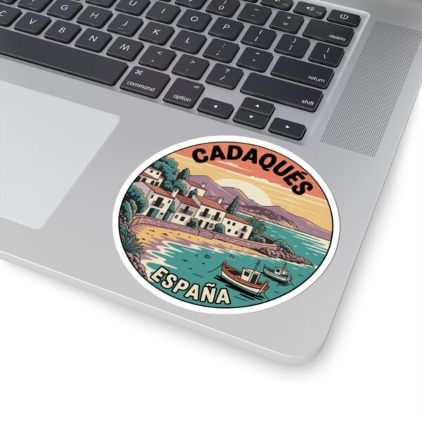 Cadaqués España Sticker - Retro Coastal Travel Art with Boats, Sunset and Mediterranean Village - Vintage Style Spanish Souvenir