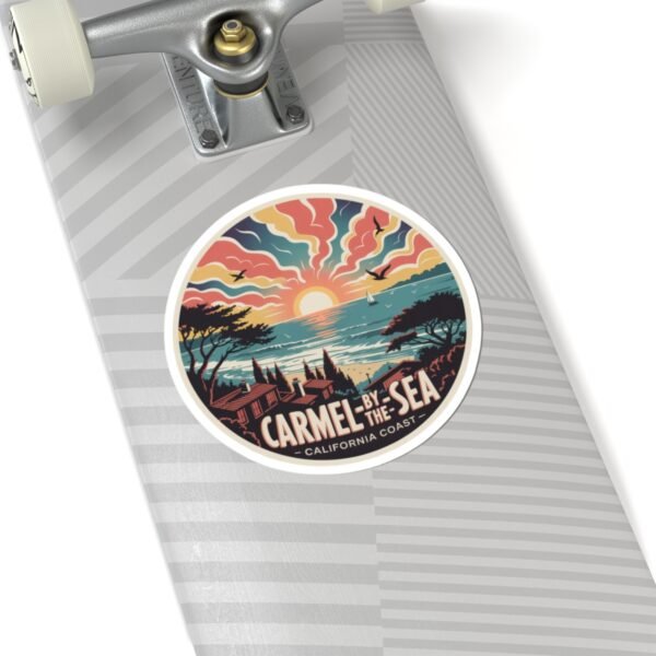 Carmel-by-the-Sea Sticker - California Coast Sunset Art, Retro Coastal Design with Sailboat and Seagulls, Vintage Round Travel Souvenir