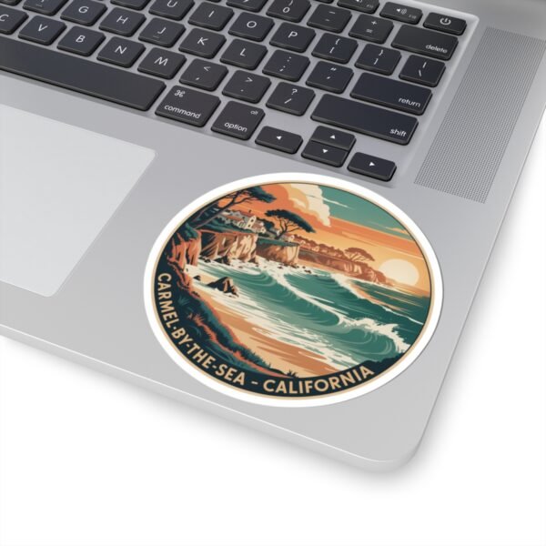 Carmel-by-the-Sea California Sticker - Retro Coastal Sunset Cliff and Ocean Waves Design - Vintage Travel Souvenir Vinyl Decal