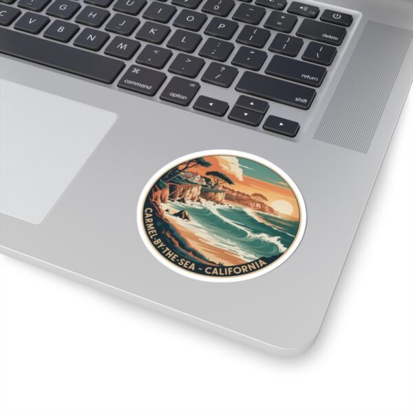 Carmel-by-the-Sea California Sticker - Retro Coastal Sunset Cliff and Ocean Waves Design - Vintage Travel Souvenir Vinyl Decal