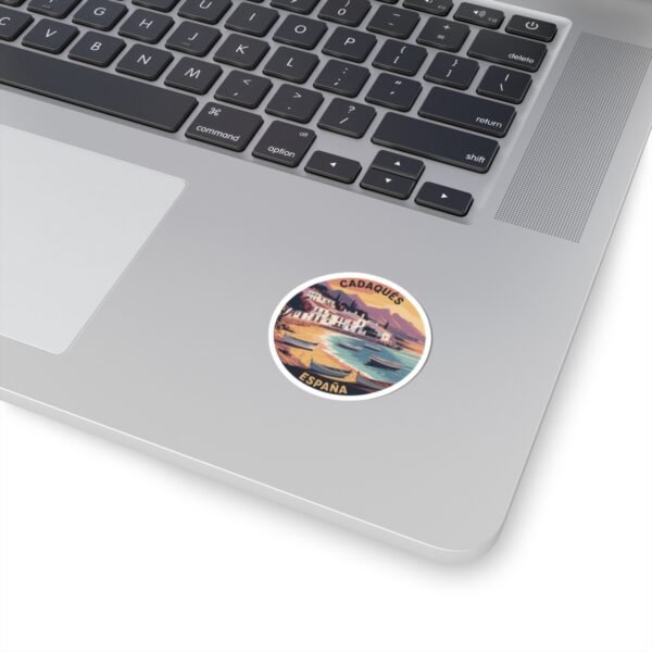 Cadaqués España Sunset Round Vinyl Sticker - Mediterranean Coastal Design, Spanish Seaside Travel Gift, Costa Brava Beach Art