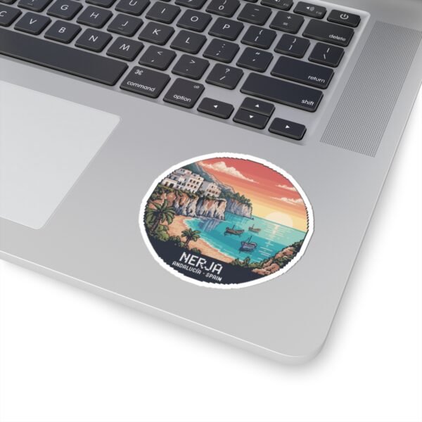 Nerja Spain Sticker - Pixel Art Coastal Design | Retro 8-Bit Sunset Scene of Andalucía | Travel Vinyl Decal for Laptop & Water Bottle